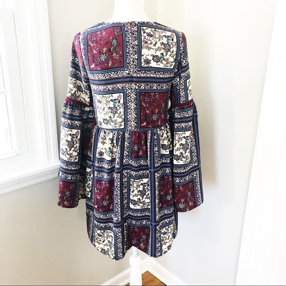 Altar’d State Boho Patchwork Patterned Dress w/ Bell Sleeves - Picture 4 of 7